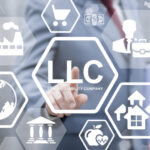 Limited Liability Company concept. Businessman touched LLC word icon on virtual screen. Business, industry, medicine, real estate, auto manufacture, finance, internet, store start up strategy