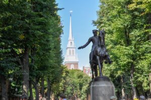 Statue of Paul Revere in front of the Old North Church